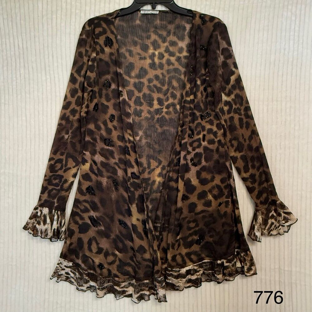 Albert Makali Embellished Animal Print Sheer Open Front Blouse Sz‎ S